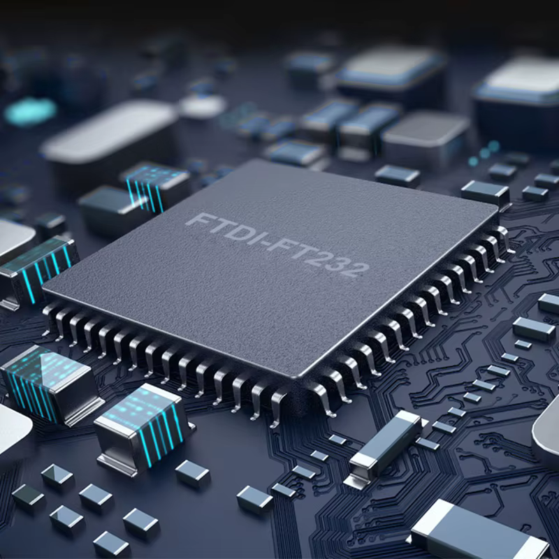 Vista del adaptador USB a DMX con chip FTDI