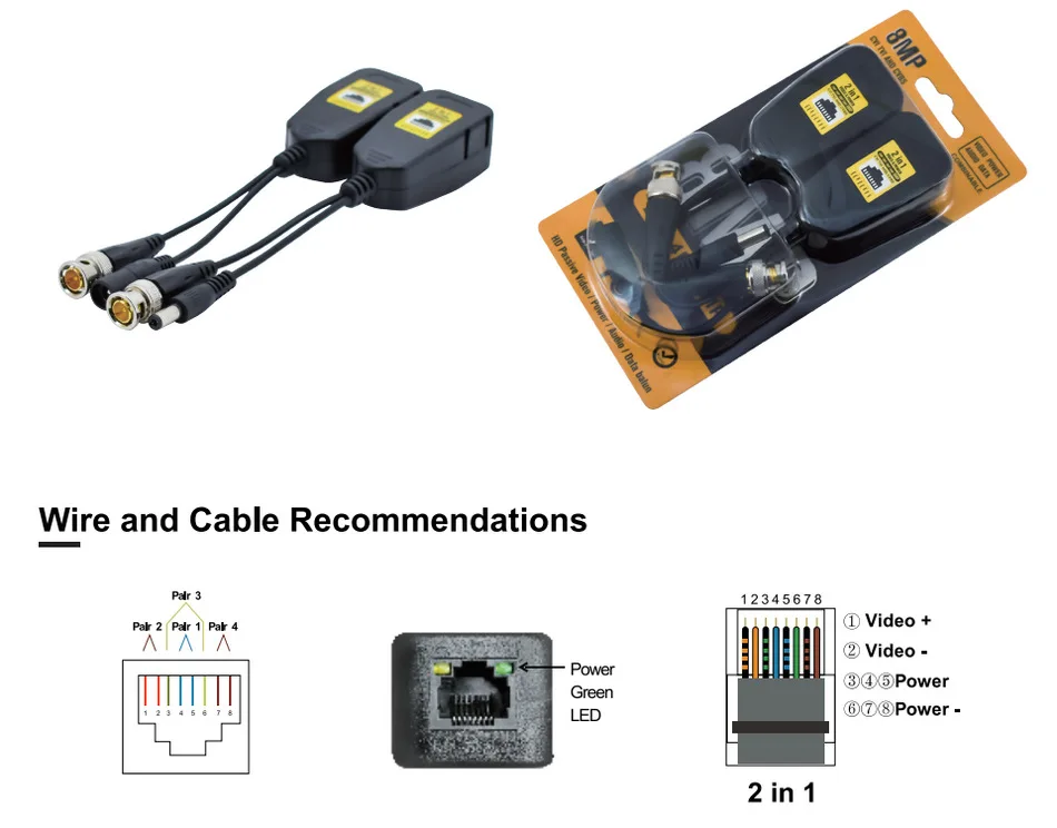 Conexiones BNC y RJ45 del balun para CCTV