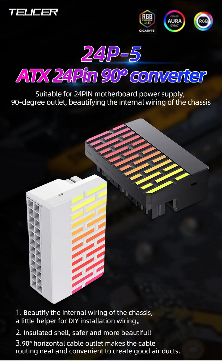 Adaptador ATX 24 pines con salida 90° e iluminación ARGB
