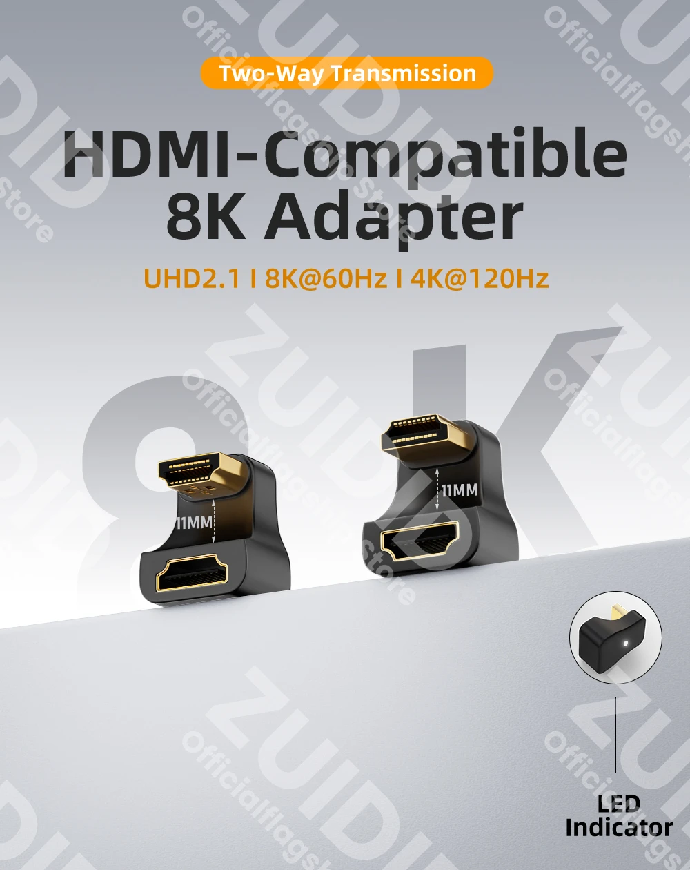 Vista frontal del adaptador U OUIO mostrando los conectores HDMI macho y hembra