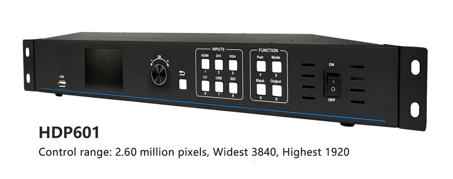 Panel frontal del procesador Huidu HDP601 con controles y display