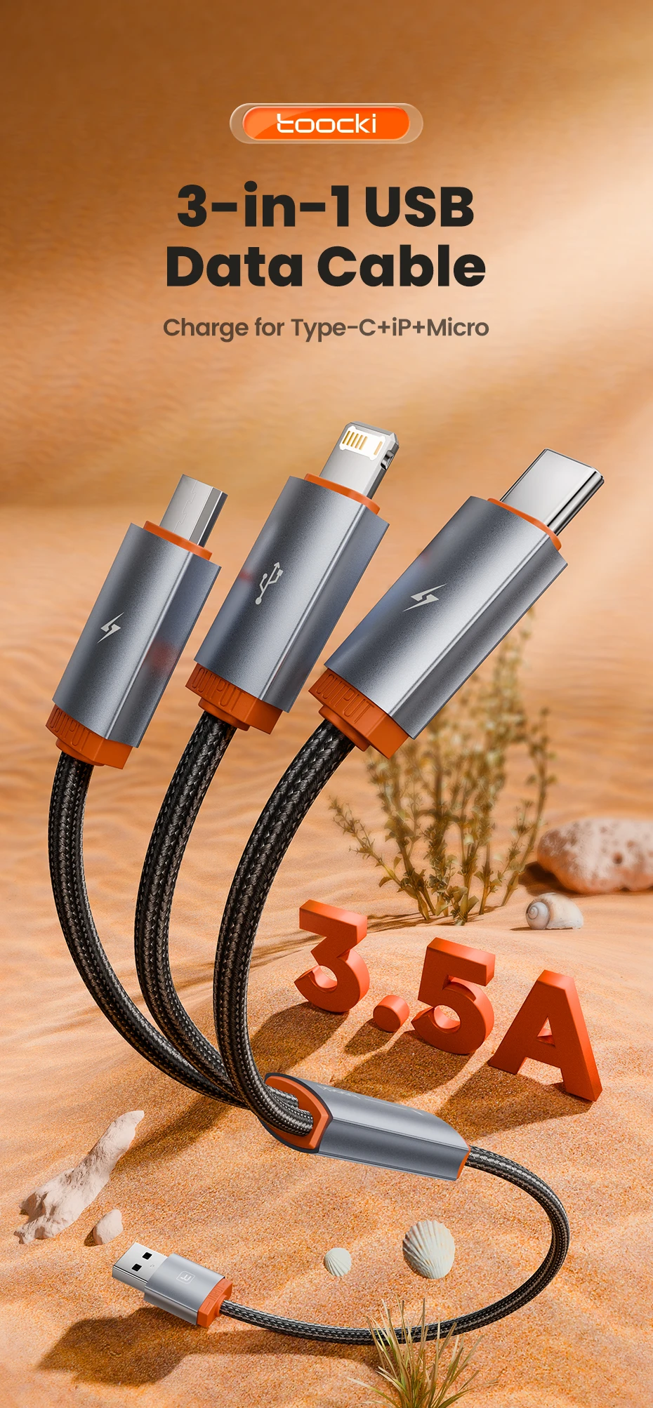 Cable 3 en 1 para iPhone, USB-C y micro