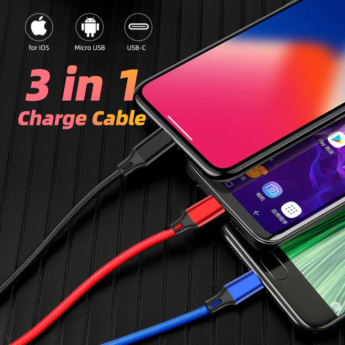 Detalle de los tres conectores del cable