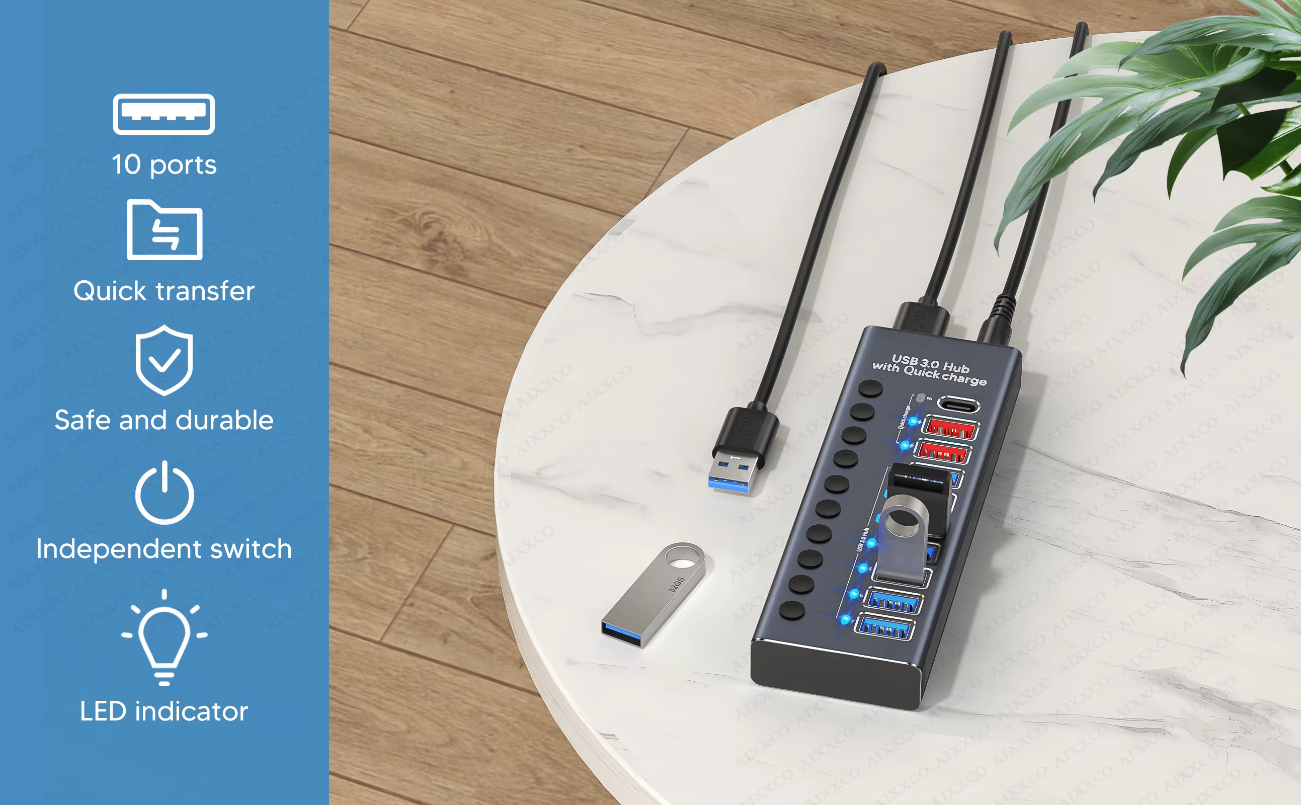 Detalle de los puertos USB con indicadores LED