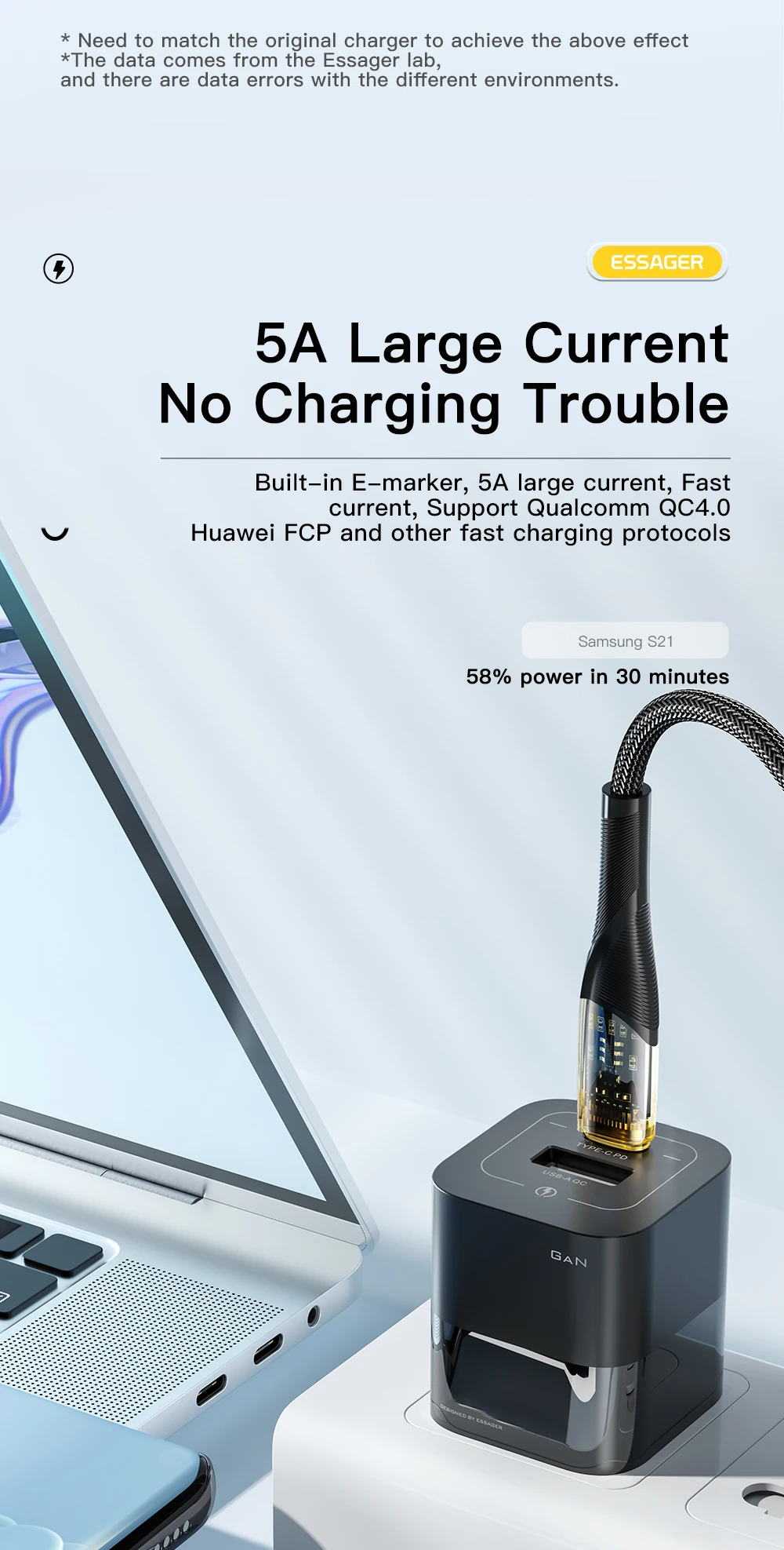 Tres versiones del cable ESSAGER 100W, 60W y USB-A a USB-C