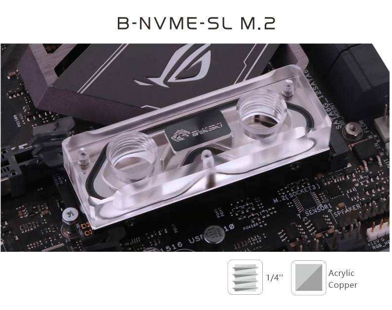 Bloque de agua Bykski NVMe en vista lateral