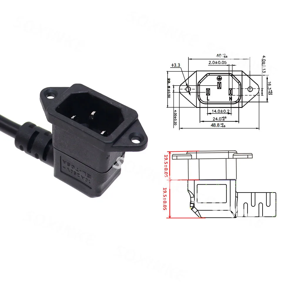 Vista lateral del conector C13 en ángulo izquierdo de 90 grados