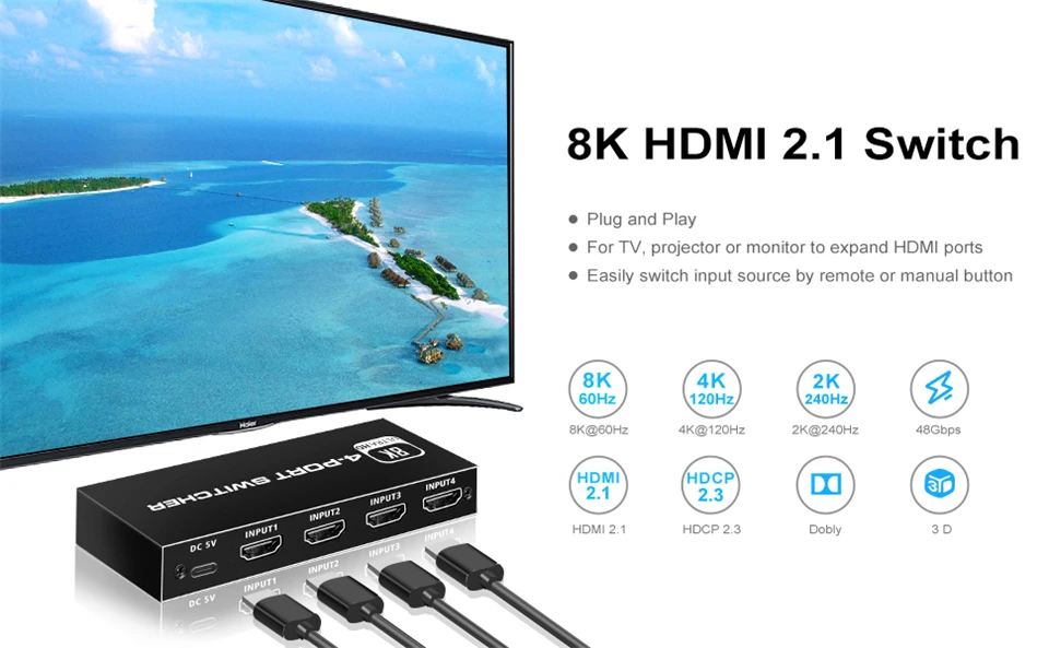 Conmutador HDMI 2.1 con control remoto