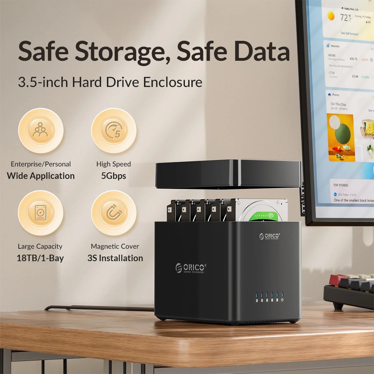 Caja ORICO DS Series 5 bahías vista frontal con discos