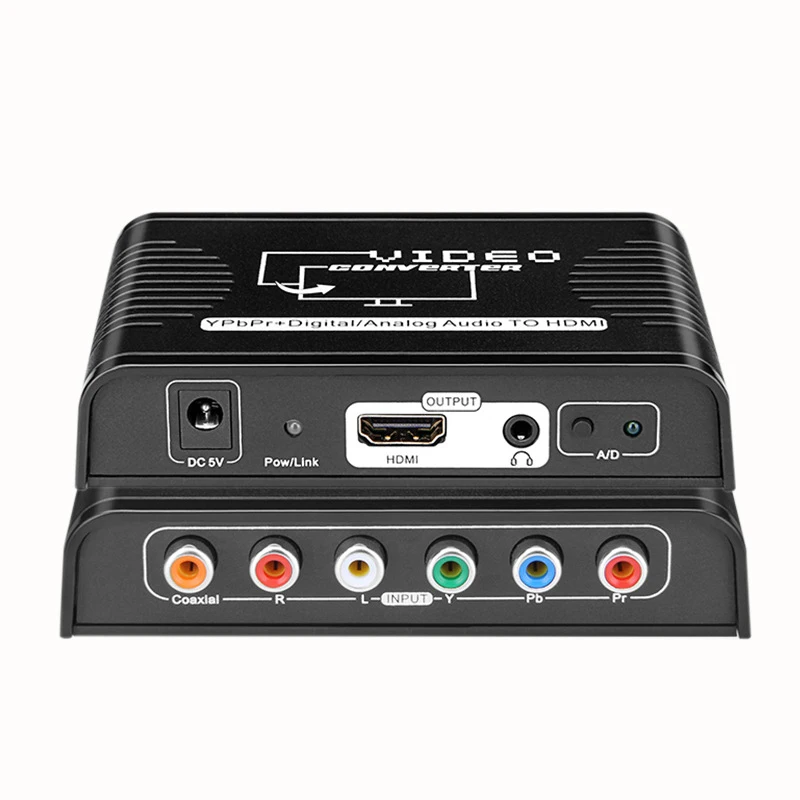 Convertidor konsenda YPbPr a HDMI visto de frente con cables