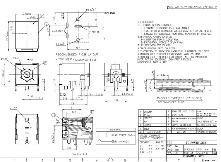 Conector DC-007B con soporte de cobre y rosca metálica