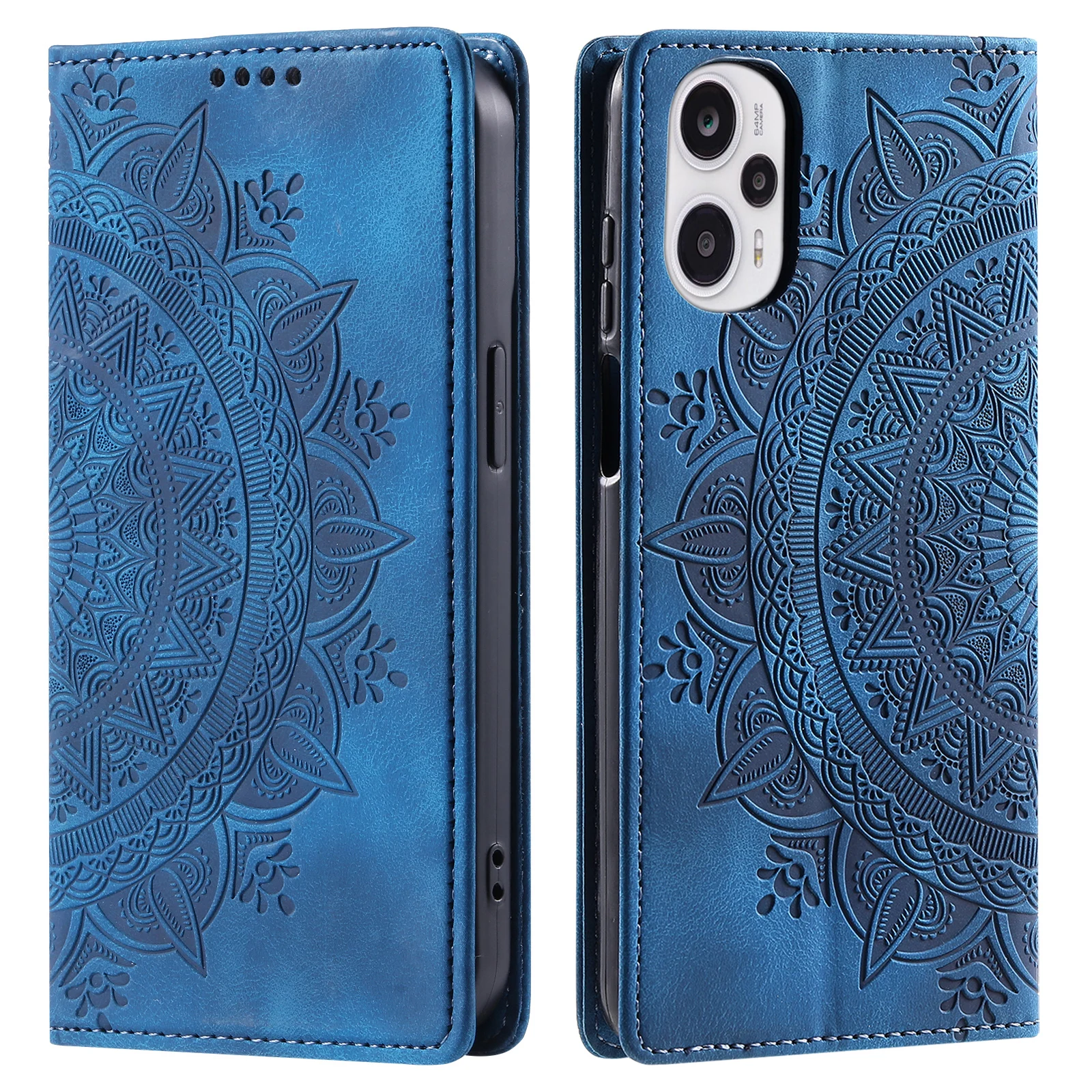 Funda magnética de cuero abierta mostrando interior