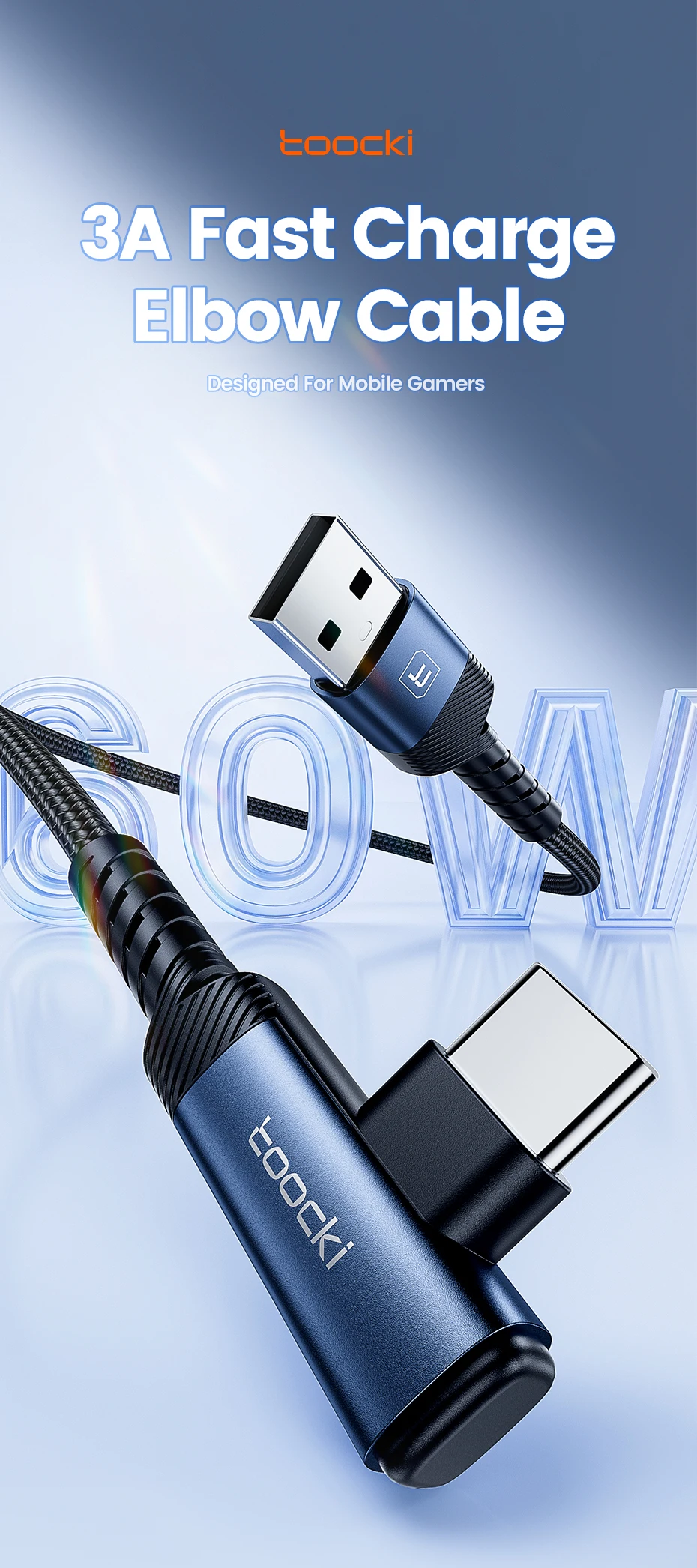 Cable Toocki USB-A a USB-C con conector acodado de 90 grados