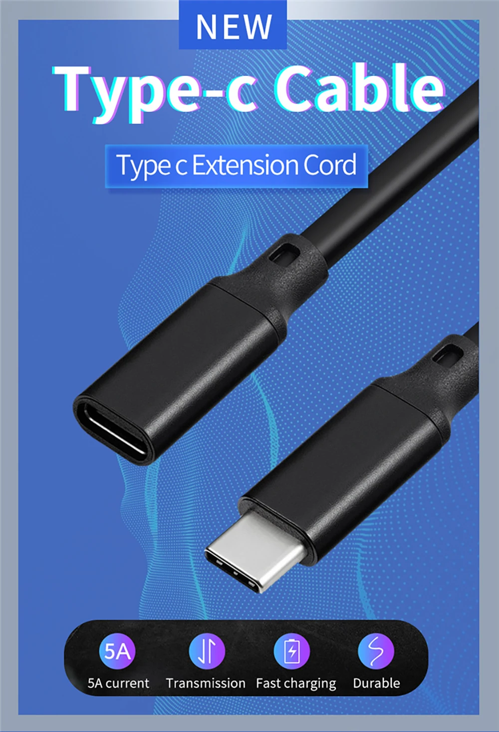 Cable de extensión USB tipo C mostrando conectores macho y hembra
