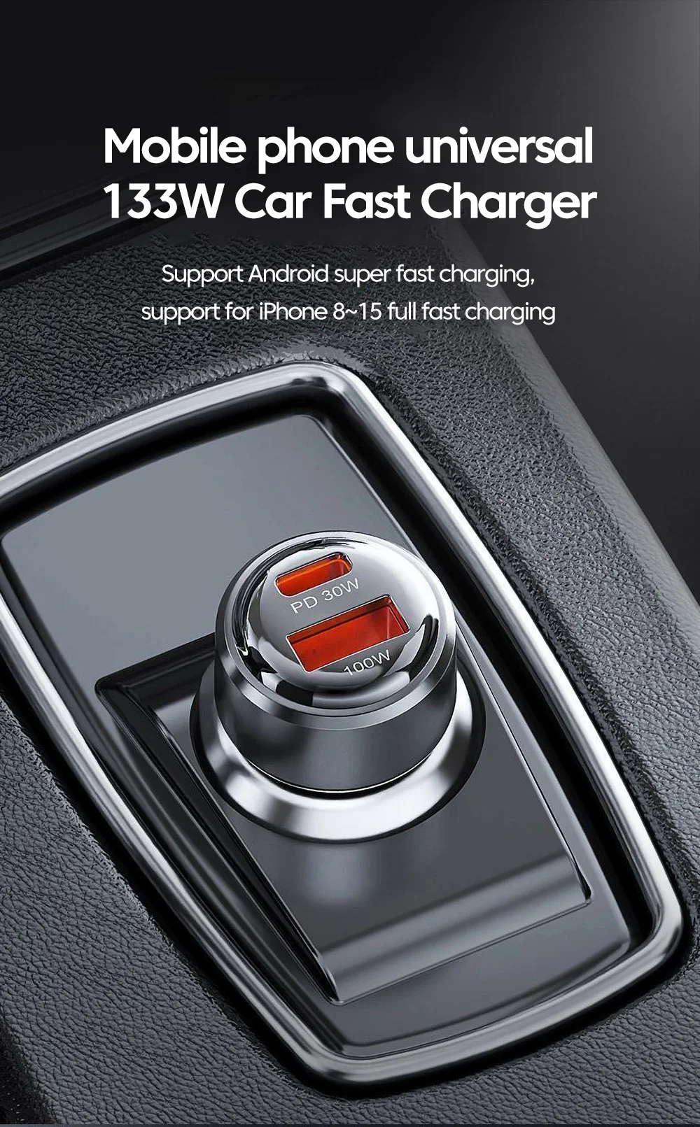 Cargador de coche transparente con puertos USB y tipo C