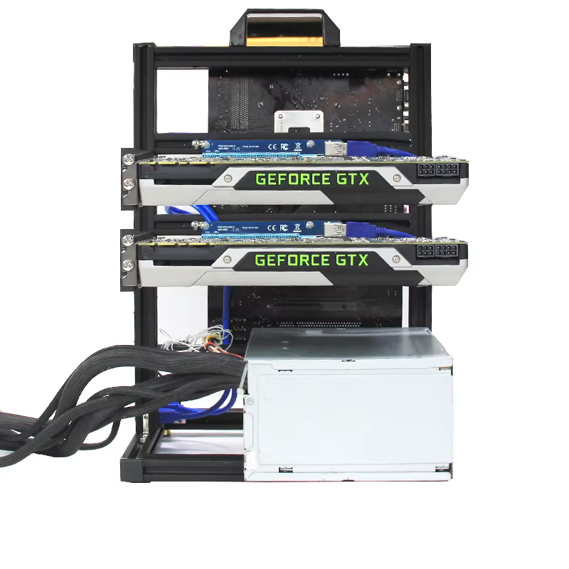 Vista general del chasis abierto con múltiples GPUs instaladas