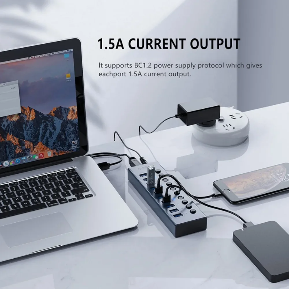 Hub USB 3.0 Orico Alimentado Aluminio con Interruptores para PC - imagen 2