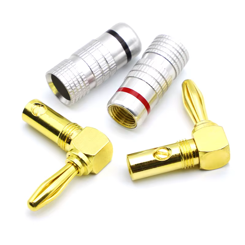Conector Banana 90º Chapado en Oro 4 mm – Enchufe Altavoz HiFi Tornillo