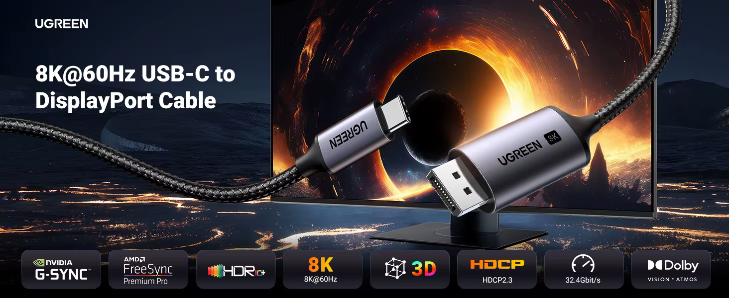 Cable USB‑C a DisplayPort mostrando ambos conectores
