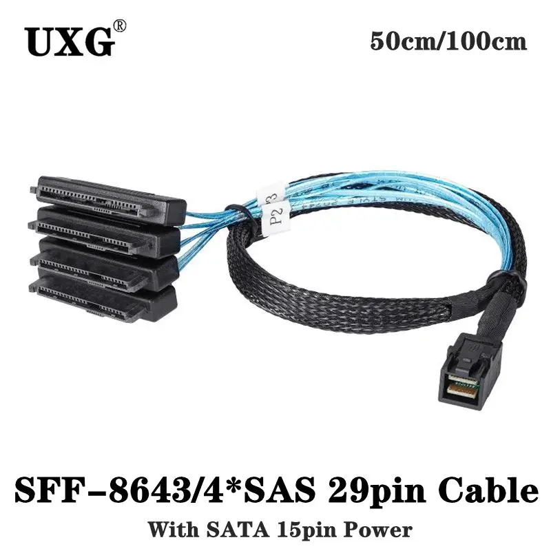 Vista lateral del cable divisor con conectores SFF-8482 y alimentación SATA