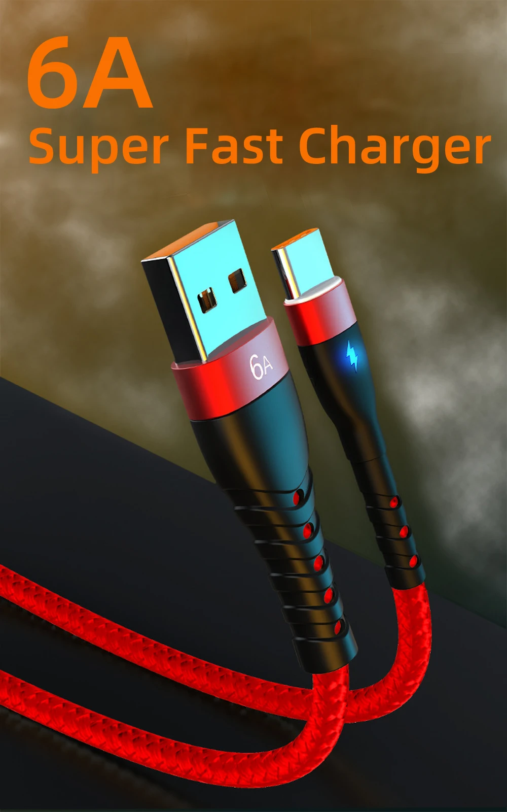 Cable USB tipo C 6A vumpach mostrando su conector y trenzado