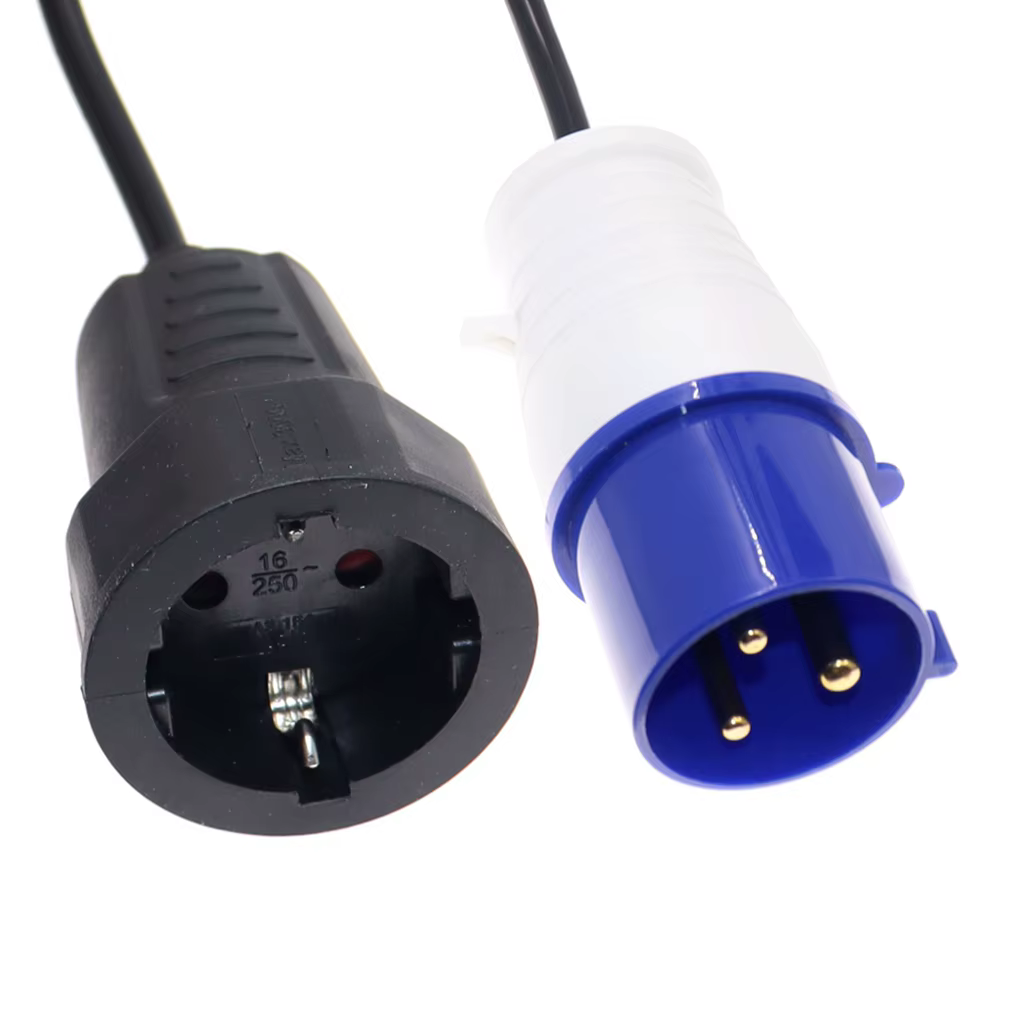 Conexión entre conector industrial IEC 60309 y enchufe Schuko