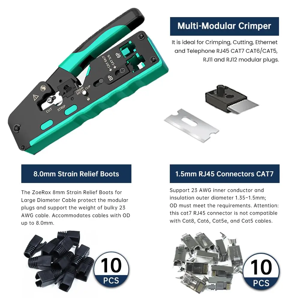 Herramienta de engarzado RJ45 ZoeRax con conectores Cat7