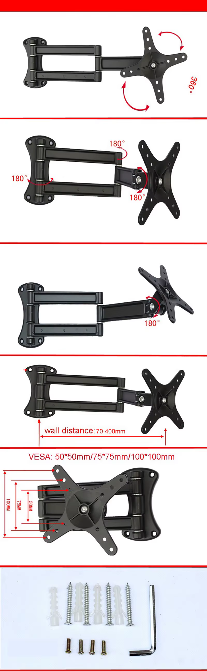 Detalle de la base de montaje en pared con tornillería incluida