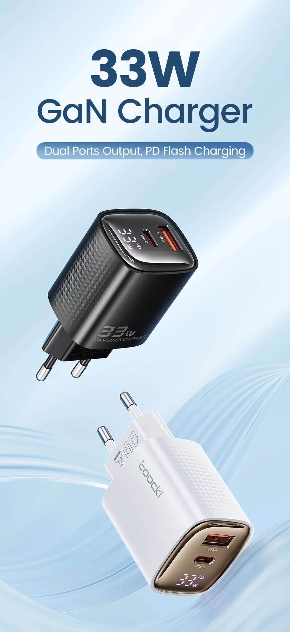 Cargador Toocki GaN de 33 W con pantalla digital