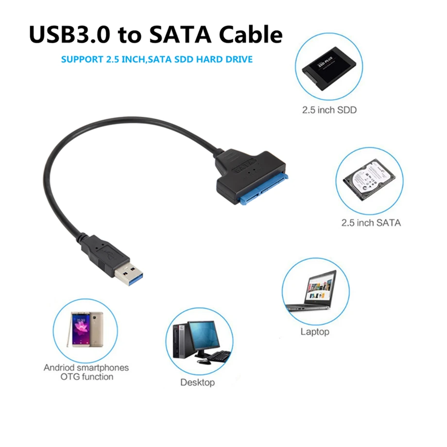 Cable SATA a USB conectado a un disco SSD de 2,5 pulgadas