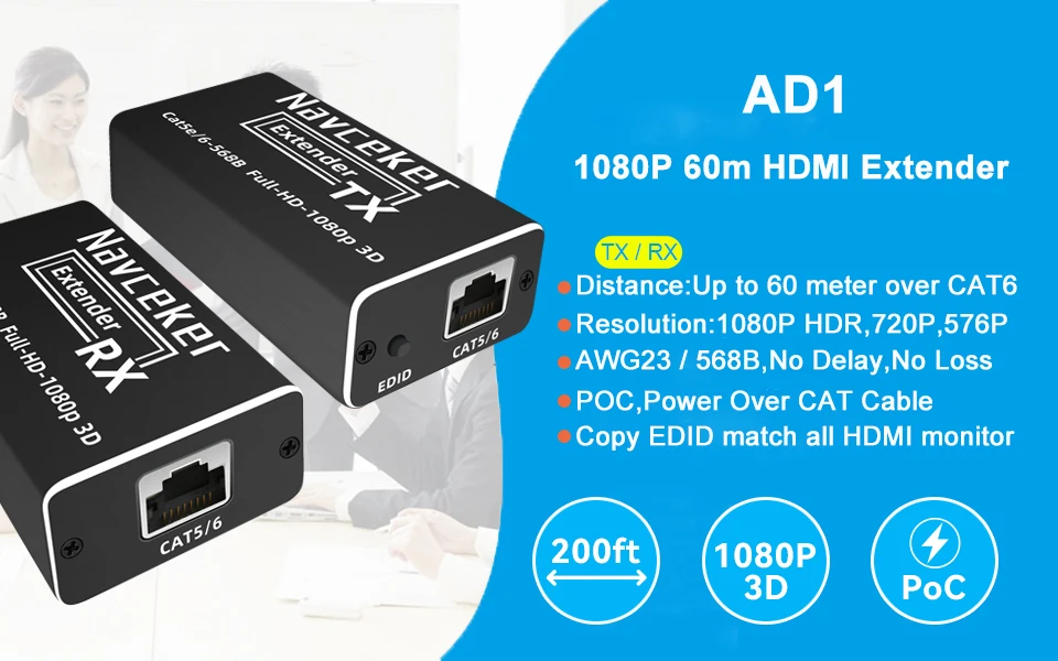 Extensor HDMI Navceker visto desde arriba con cables conectados