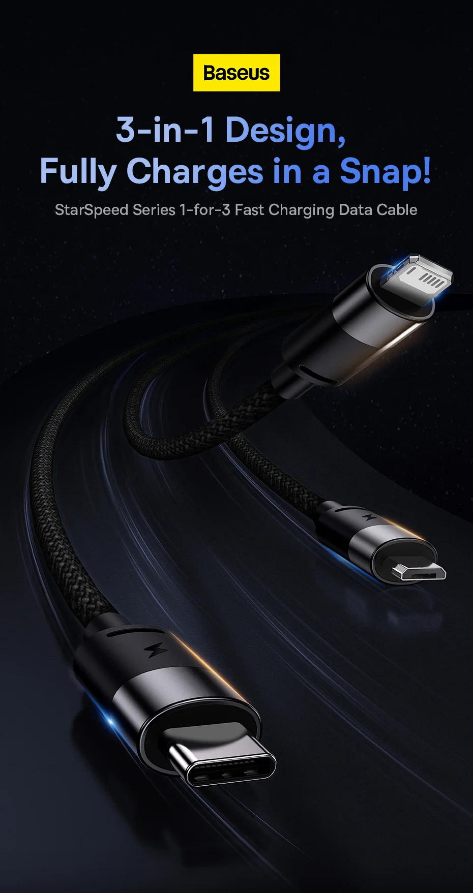 Cable Baseus 3 en 1 con conectores visibles