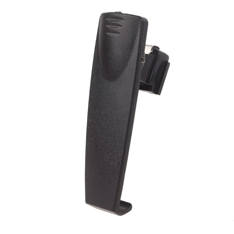 Clip para cinturón Walkie Talkie en negro sobre fondo blanco