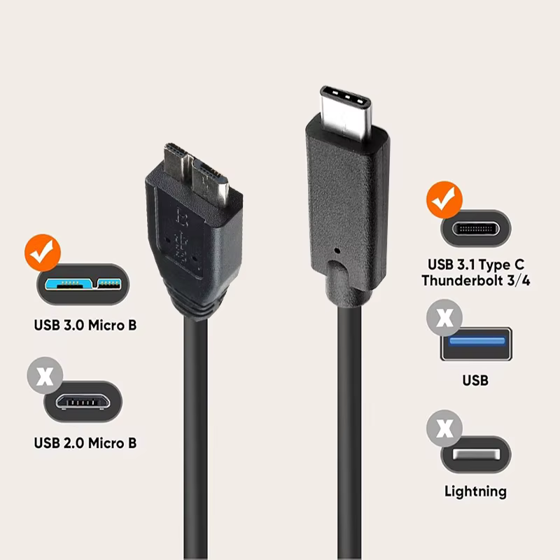 Cable USB-C a Micro-B conectado a un disco duro portátil