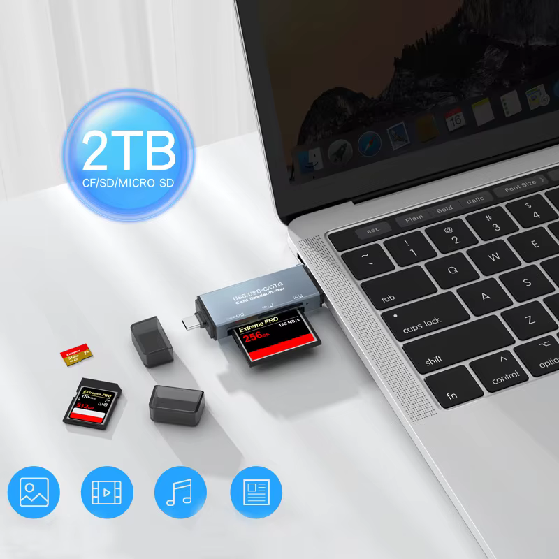 Lector de tarjetas multiport visto de frente con todos los puertos visibles