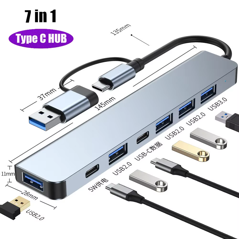 Expansor USB C FEIWIMI mostrando sus ocho puertos