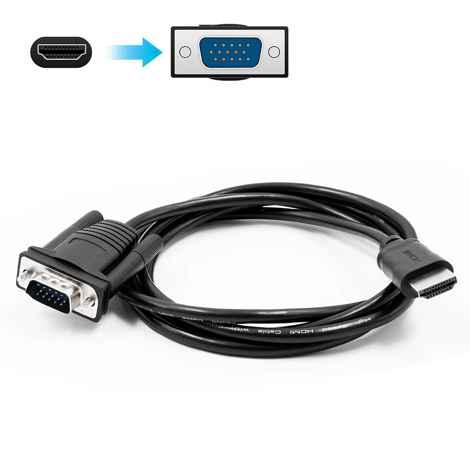 Cable adaptador HDMI a VGA mostrando conectores macho