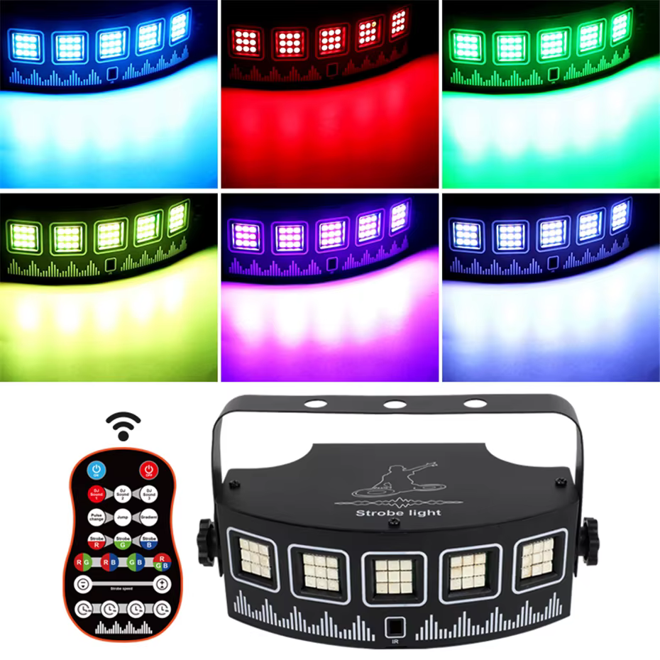 Luz LED RGB estroboscópica vista frontal con LEDs encendidos
