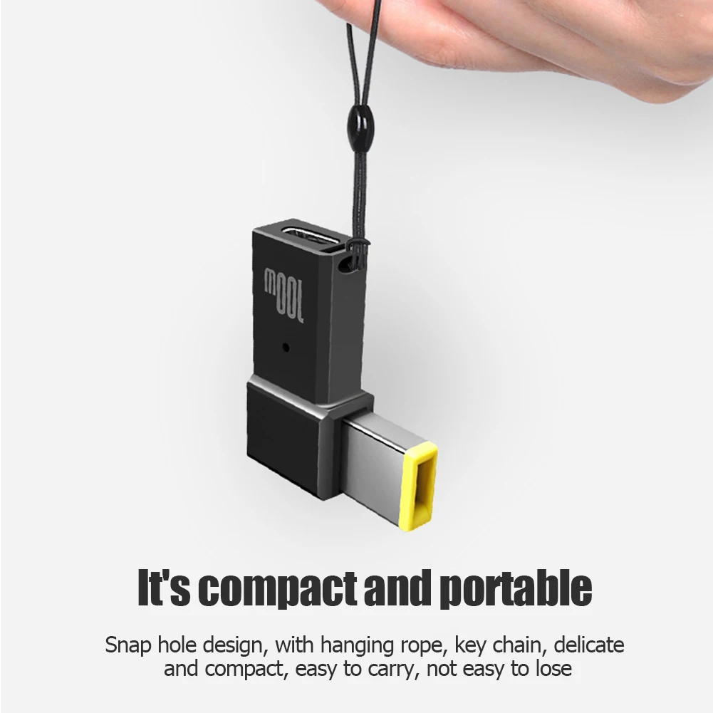 Adaptador USB-C a DC macho mostrando el conector tipo C hembra