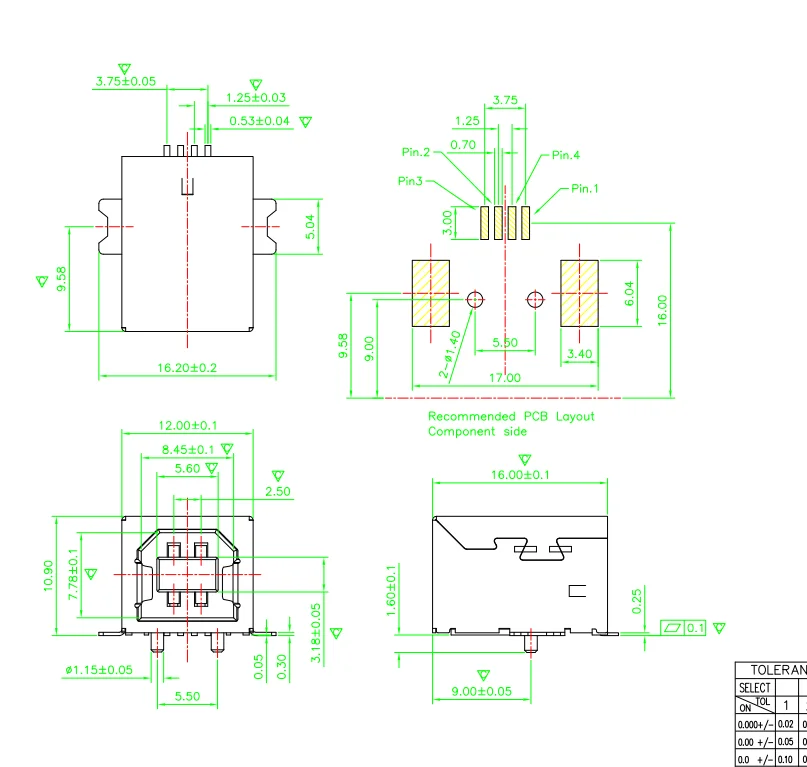 Conector USB-B hembra SMT 180 grados para instalación en PCB