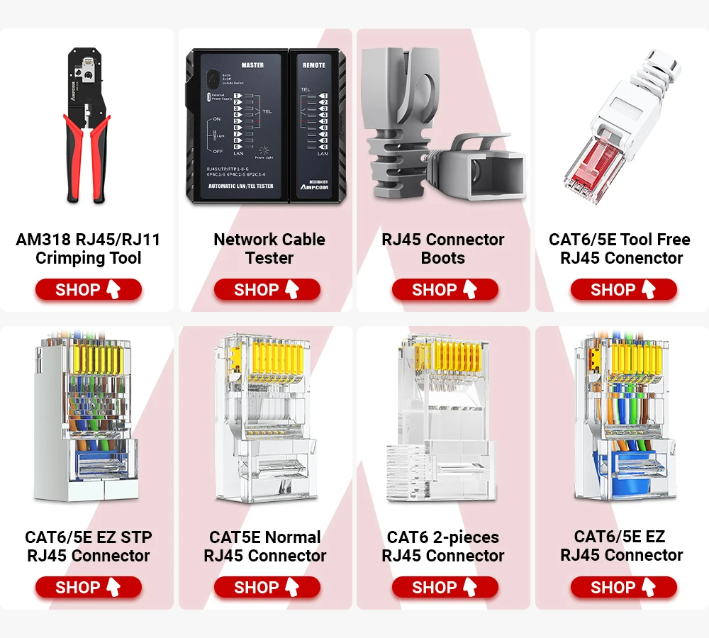 Conector modular AMPCOM RJ45 en uso