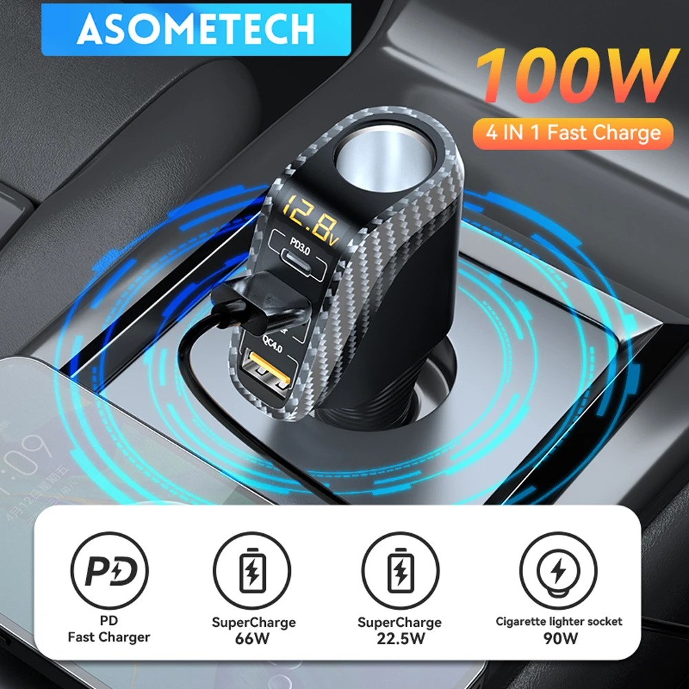 Cargador Coche 100W USB-C PD QC 4 Puertos – Carga Rápida Universal
