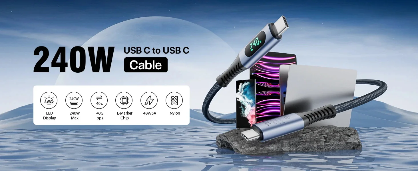 Cable USB-C con pantalla LED y especificaciones de transferencia