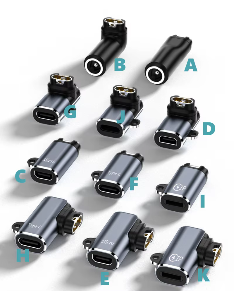 Adaptador mostrando sus tres variantes de ángulo