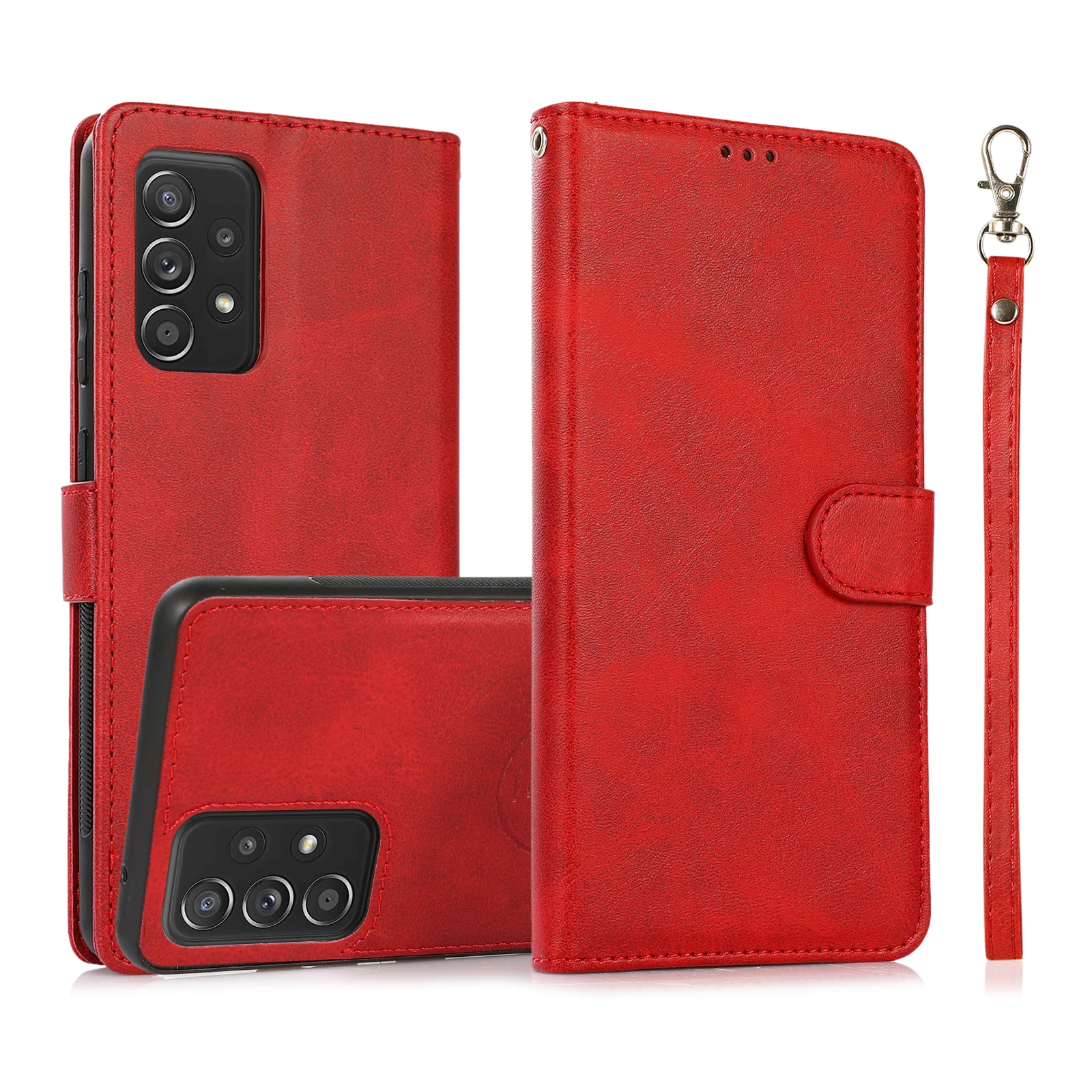 Vista frontal de la funda cerrada mostrando el cierre magnético y la textura de cuero sintético