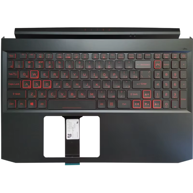 Vista frontal del teclado con reposamanos y teclas rusas/inglesas
