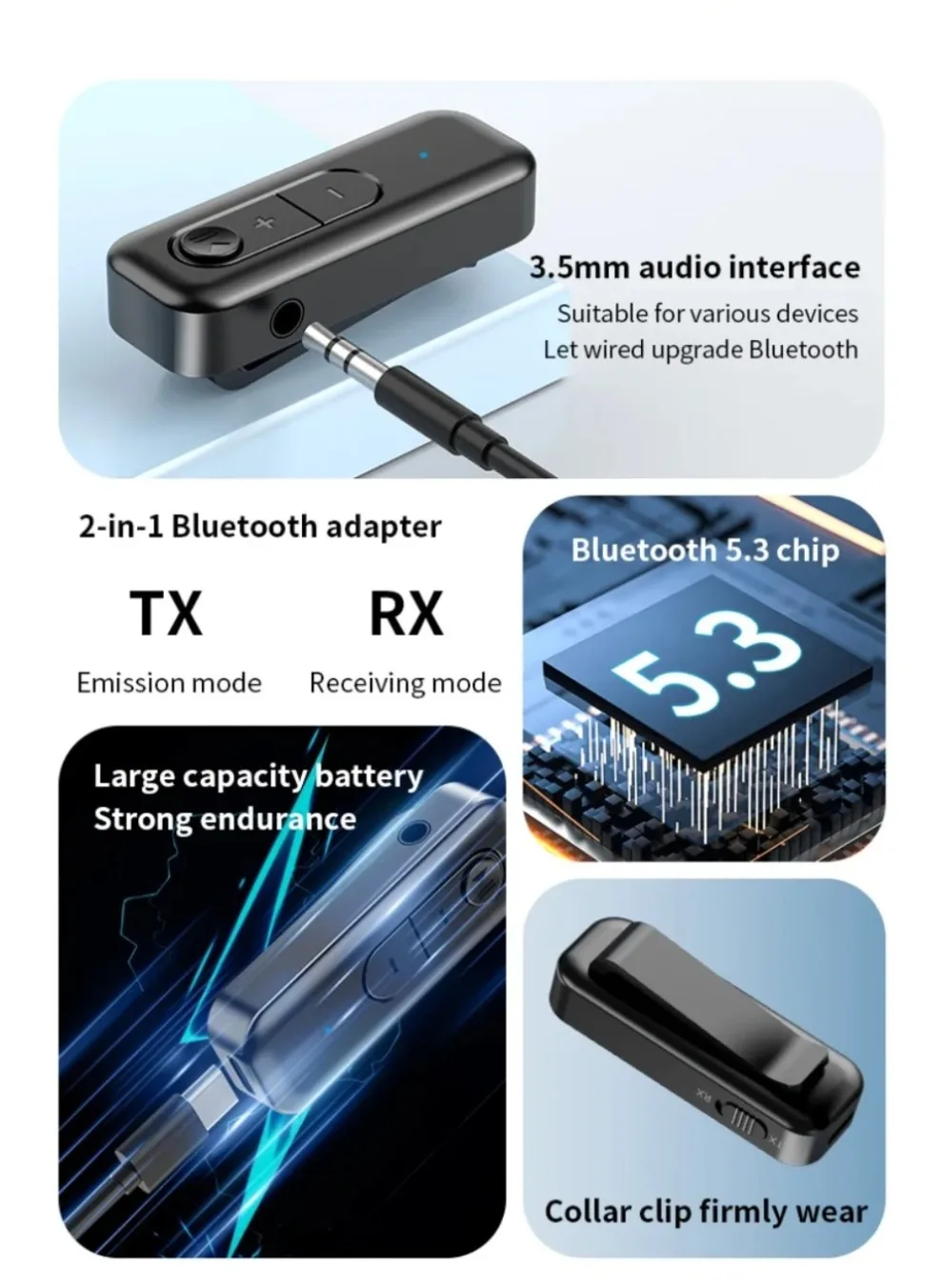 Indicadores LED: luz roja para transmisor, azul para receptor