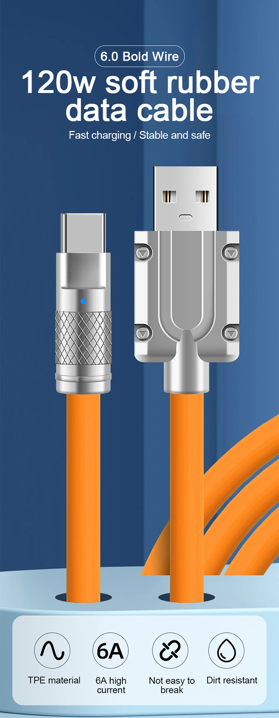 Cable de carga rápida de 120W en varios colores