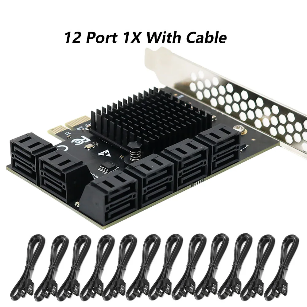 Vista frontal de la tarjeta con varios conectores SATA