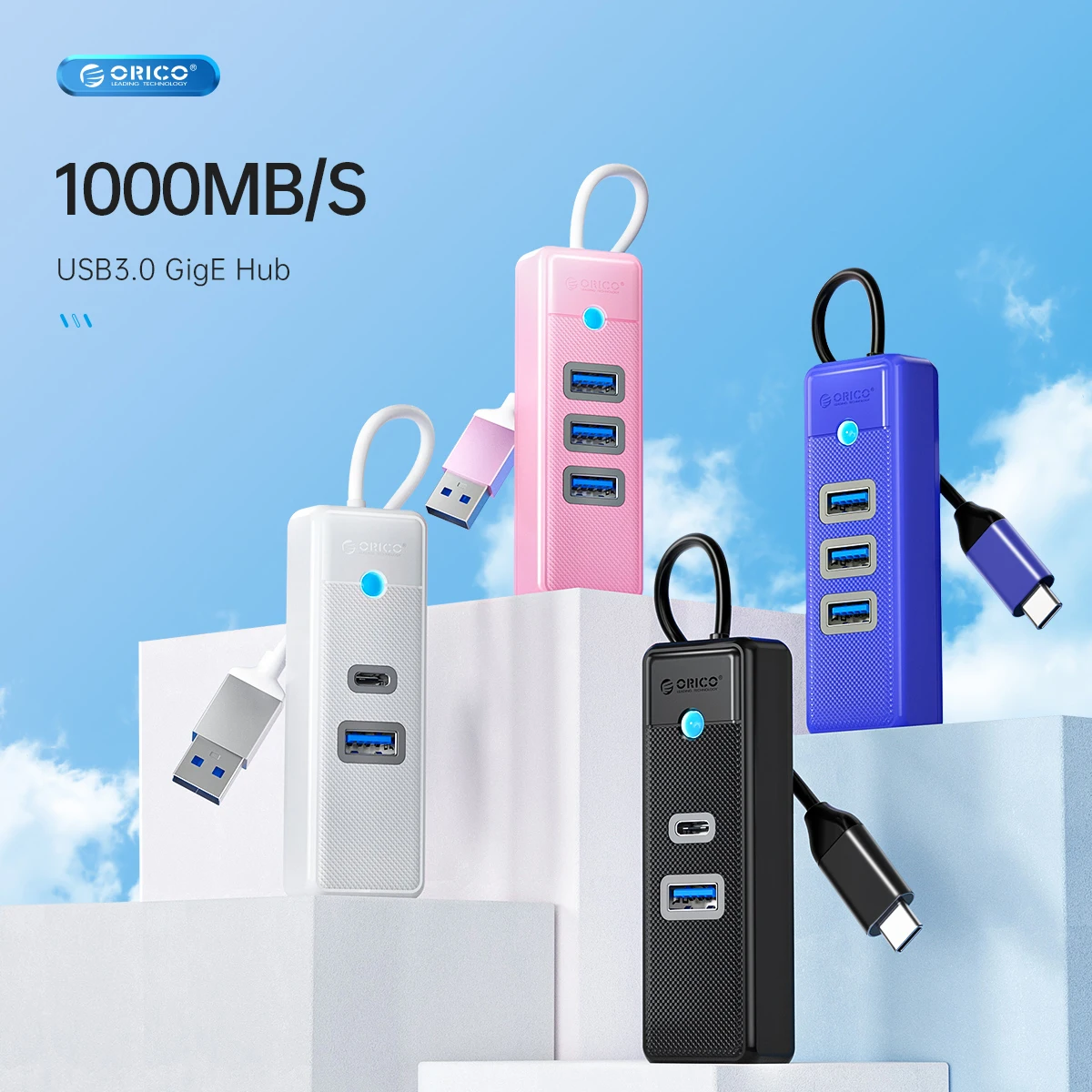 Adaptador Orico con puerto ethernet y 3 puertos USB